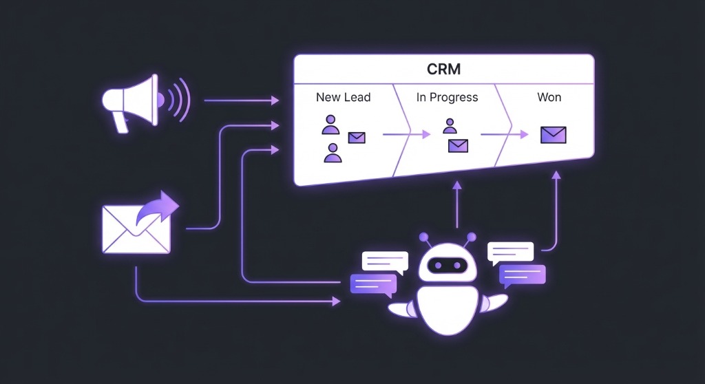 Chatbot handling customer messages while updating a CRM pipeline.