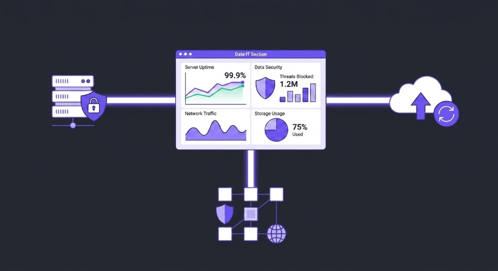 Central analytics dashboard connected to secure servers, cloud backup, and network nodes.