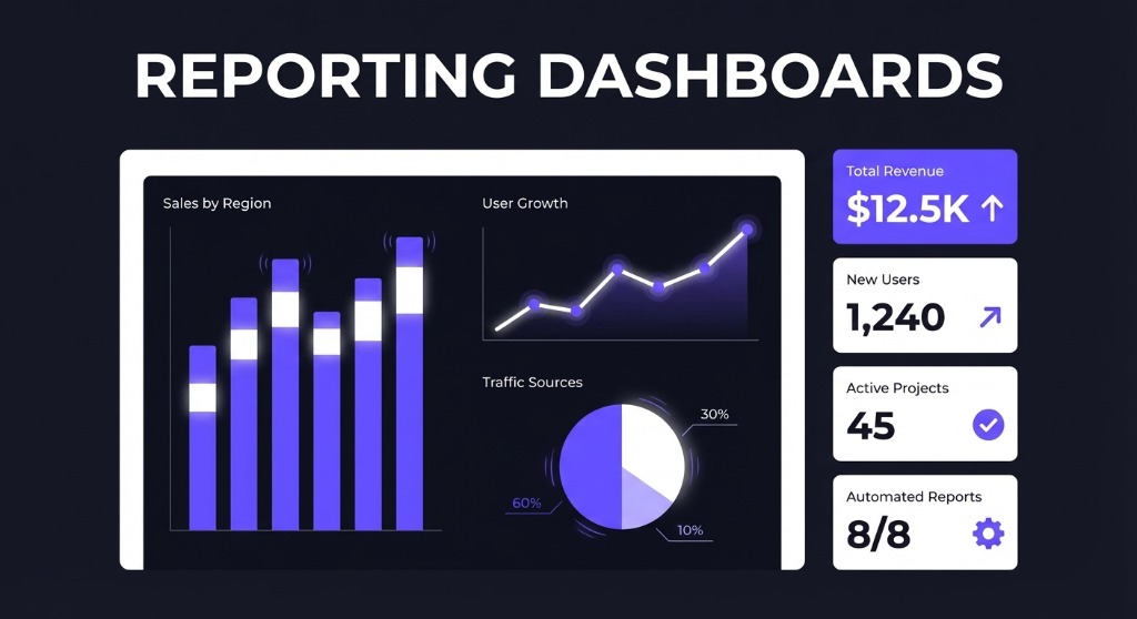 Reporting dashboard showing sales by region, user growth, traffic sources, and KPIs.